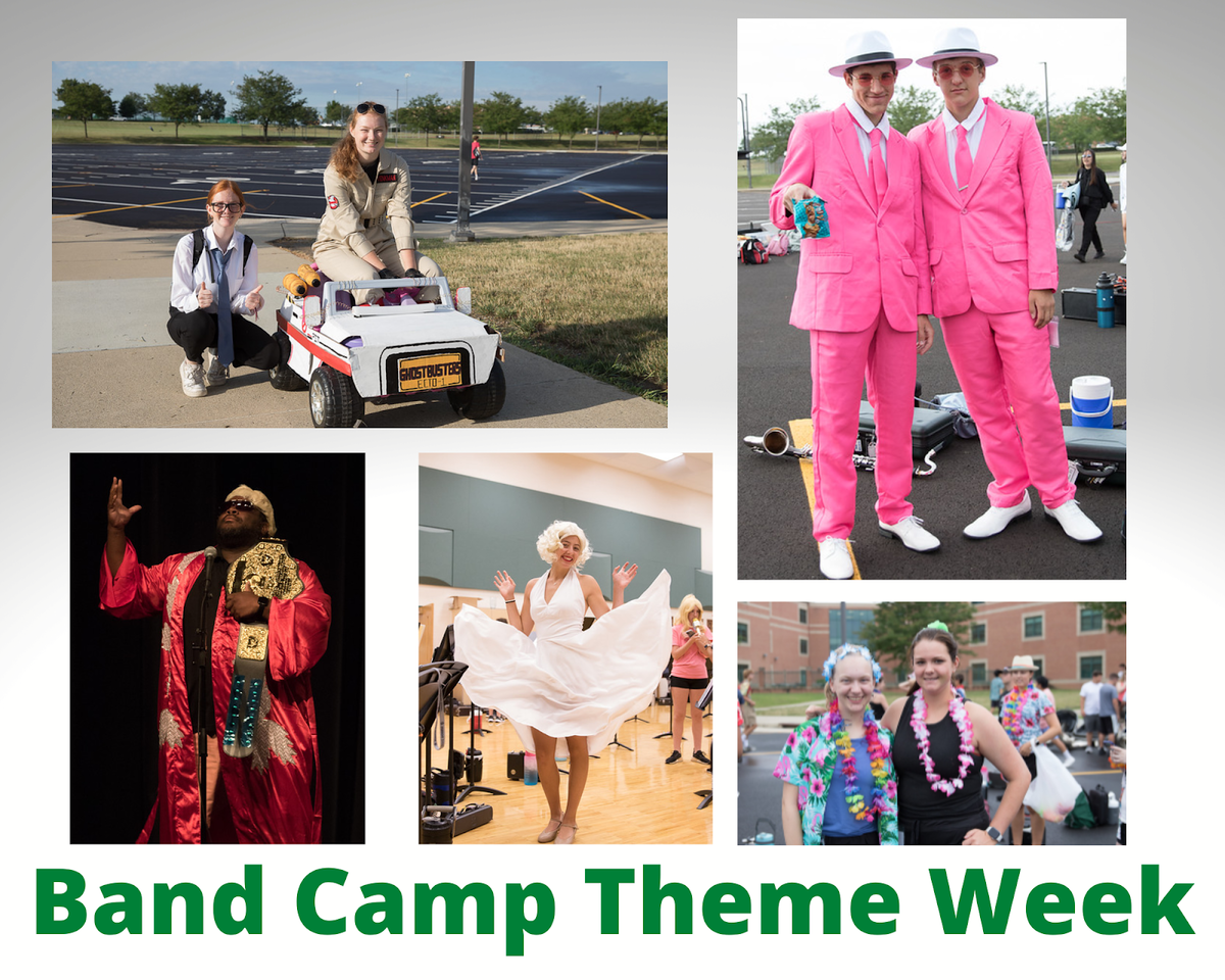 Collage of students wearing Band Camp theme's clothes